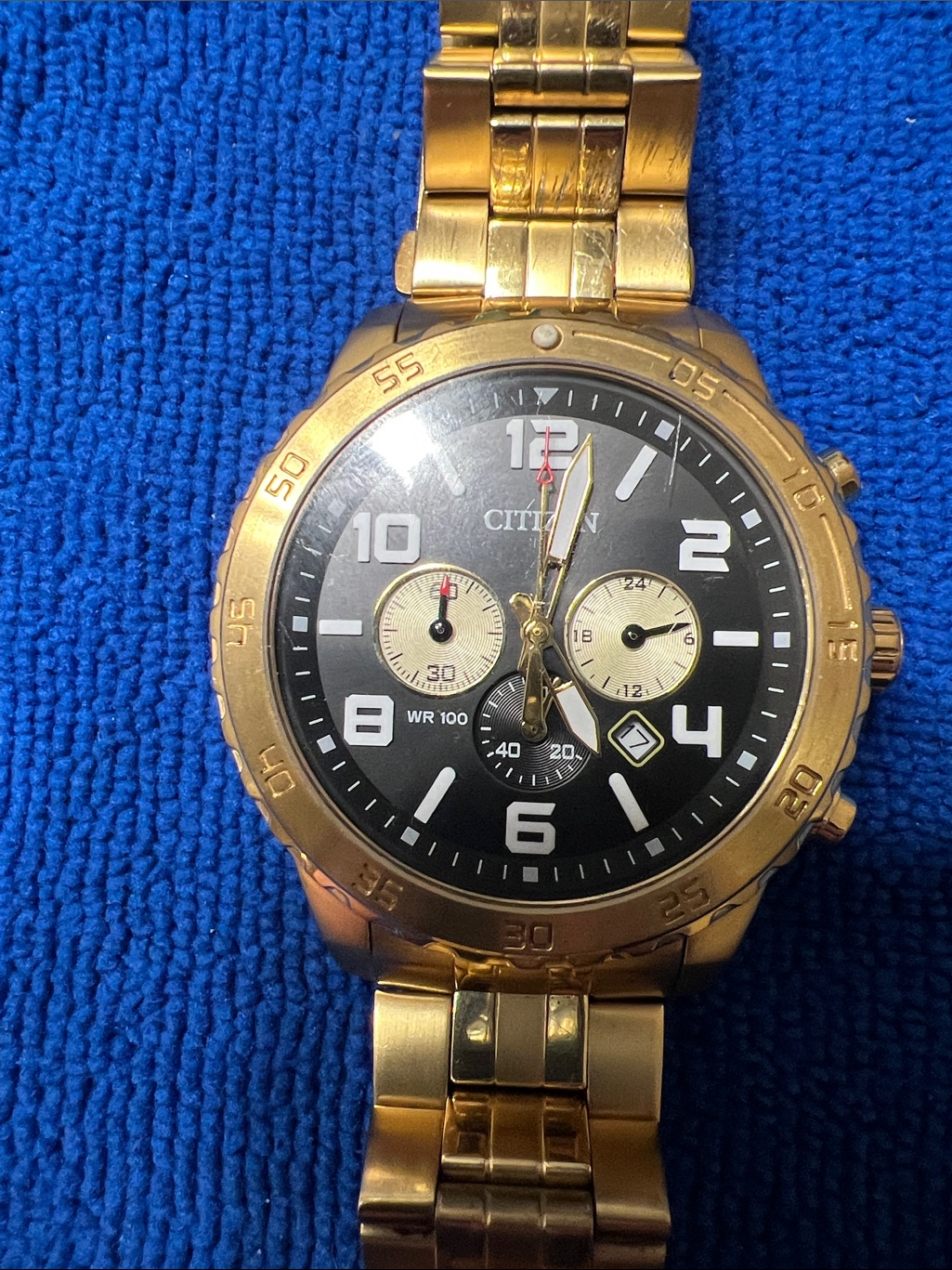 Citizen GoldTone Chronograph Watch With Black Dial And Champagne Subdials